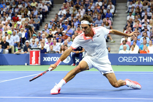 September 11, 2015 - Roger Federer in action against Stan Wawrinka (not pictured) in a men's singles semifinals match during the 2015 US Open at the USTA Billie Jean King National Tennis Center in Flushing, NY. (USTA/Garrett Ellwood)